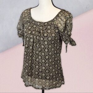 Light & Stretchy Semi-Sheer Blouse, Brown Print‎ XS